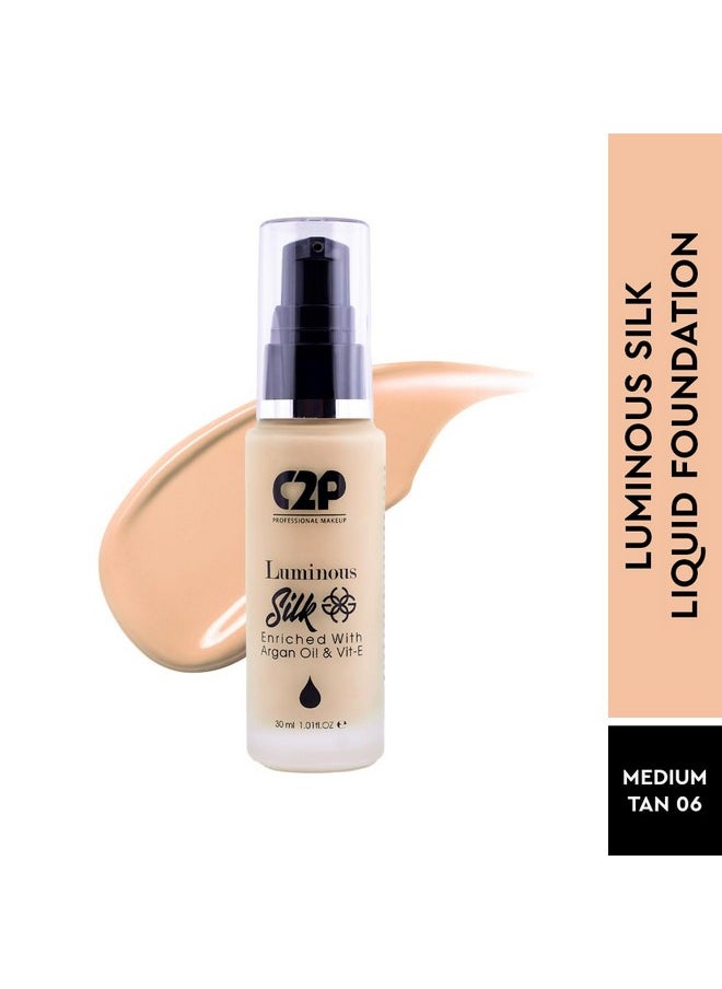 C2P Pro Luminous Silk Liquid Foundation Medium Tan 06, 30 Ml | Provides Full Coverage & Absorbs Oil | Enriched With Argan Oil & Vitamin E | Suitable For All Skin Types