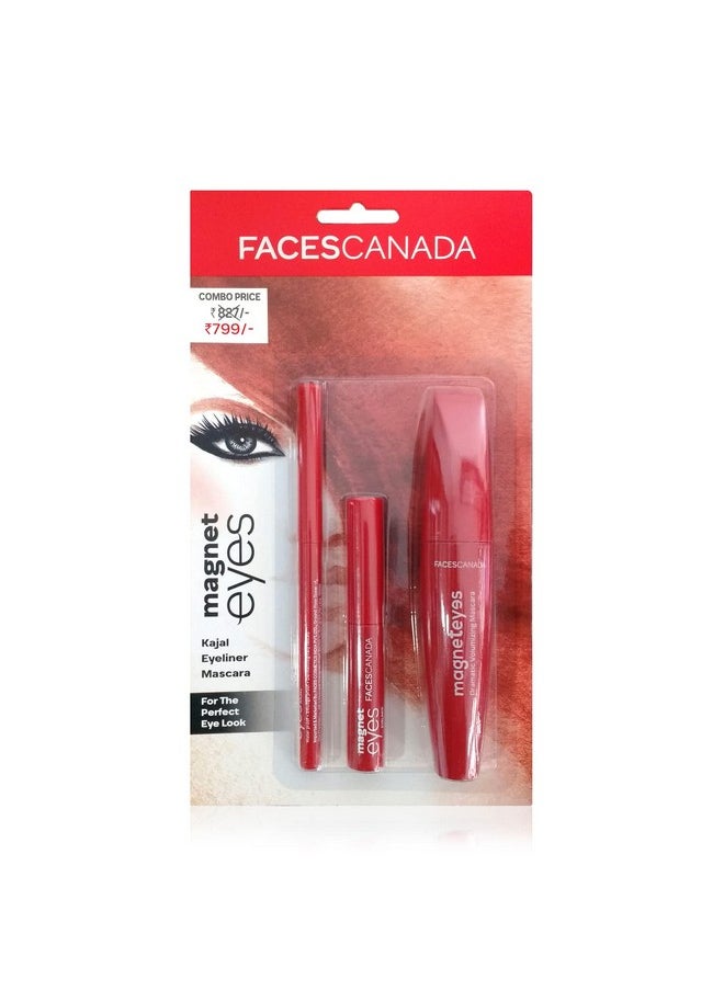 Faces Canada Magneteyes Range Trio Pack - Black, 13.35 G | Kajal + Eyeliner + Mascara | Lightweight | Long Lasting | Smooth Texture | Precise Application | Intense Color Payoff | Paraben Free