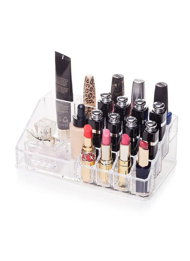 INOVERA (LABEL) Plastic 16 Compartment Cosmetic Display Cases Makeup Lipstick Storage Organizer Holder Box Case,Transparent (22L X 12.2W X 7.5H)