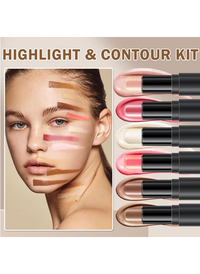 6 Colors Cream Contour Stick Makeup Kit,Highlighter Makeup Stick And Bronzer Contour Stick For Beginner,Professional Contour Kit With Makeup Sponges And Multifunctional Makeup Brush