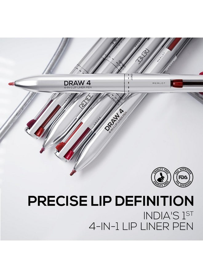 Draw 4-4-In-1 Lip Liner, Four Shades Pinks, Brown, Nude & Red In One Pen - Highly Pigmented, Rich Texture, Matte Finish, One-Swipe Application & Travel-Friendly