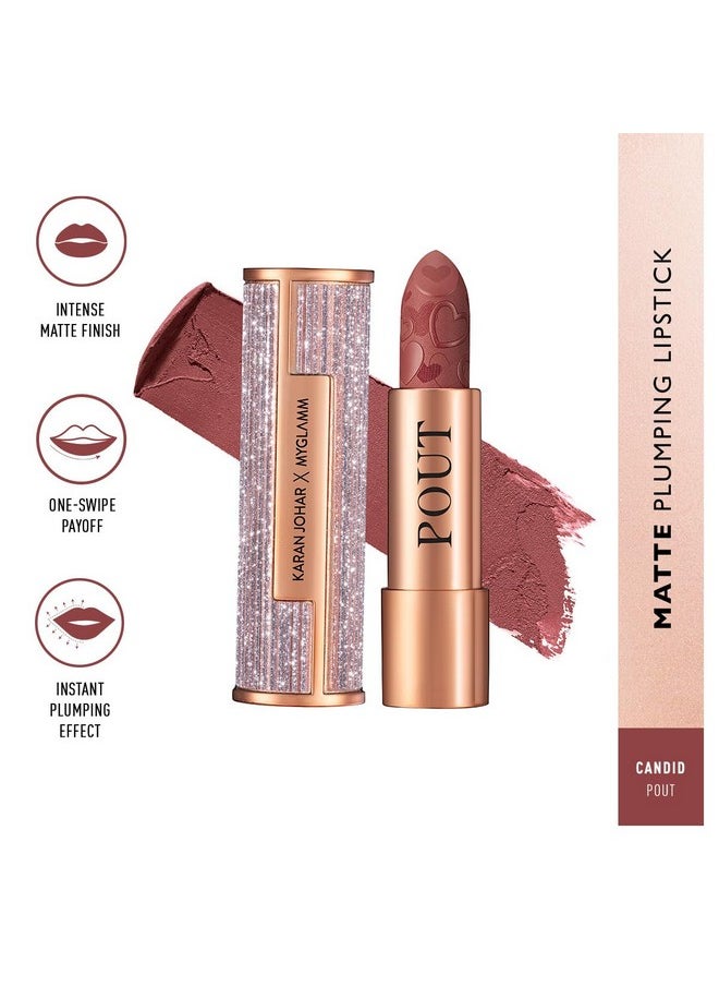 Pout By Karan Johar Intense Matte Plumping Lipstick - Candid Pout (Coffee Brown Shade) | Highly Pigmented, Long Lasting, Lightweight, Creamy Matte Lipstick For Lip Makeup (4G)