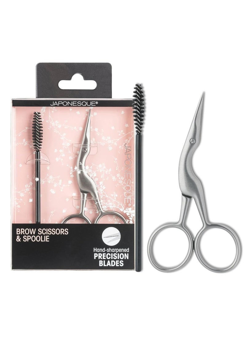 JAPONESQUE Brow Scissors and Spoolie, Stainless Steel Scissors for Brow Grooming and Trimming, Brush Tool for Brow Shaping