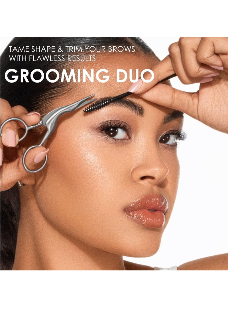JAPONESQUE Brow Scissors and Spoolie, Stainless Steel Scissors for Brow Grooming and Trimming, Brush Tool for Brow Shaping