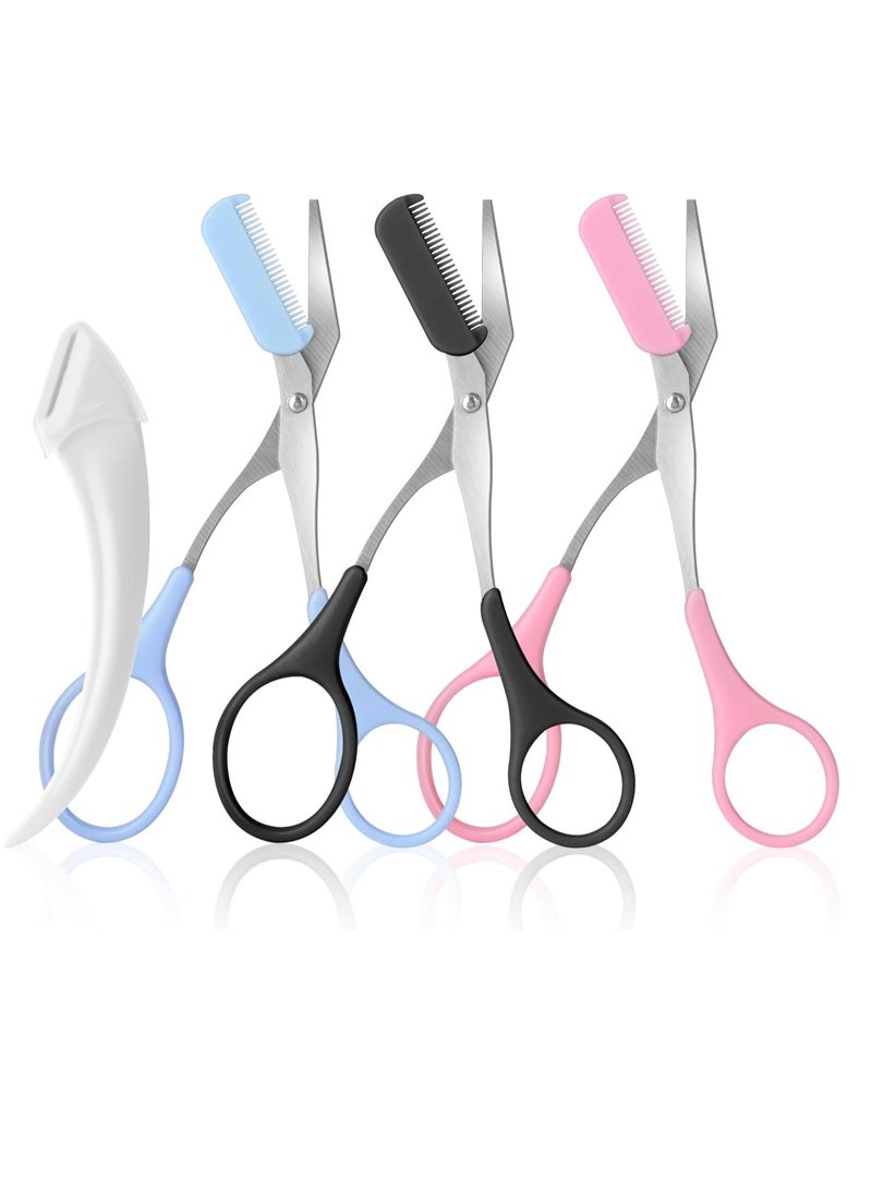 3pcs-Eyebrow Scissors with Eyebrow Razor,Professional Eyebrow Trimmer Scissors with Comb,Non Slip Finger Grips Eyebrow Trimmer, Hair Removal Beauty Accessories for Men Women (Black, Pink, Blue)