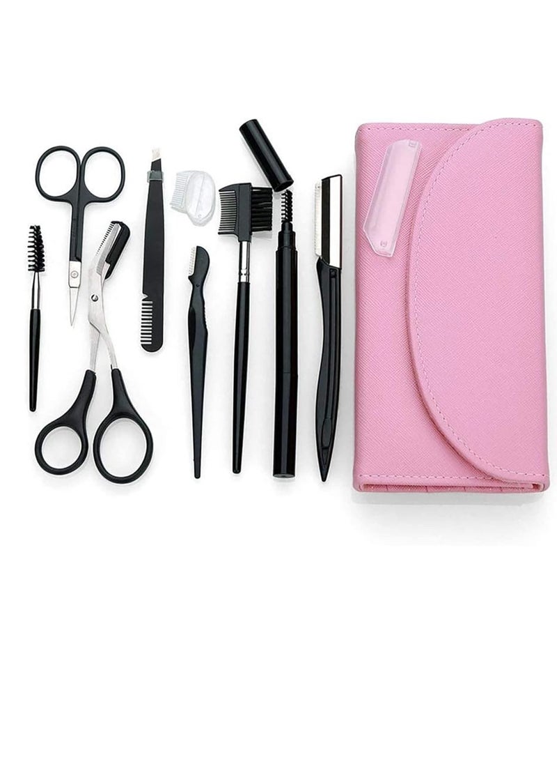 8PCS/SET Eyebrow Shaping Grooming Kit, Eyebrow Scissors, Eyebrow Pencil, Eyebrow Brush Trimmer, Brush, Beauty Tools Set with Leather Bag (pink)