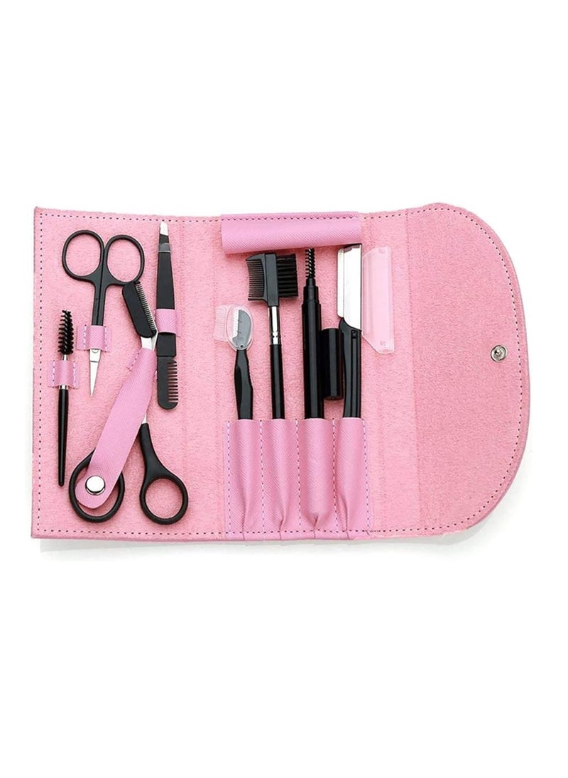 8PCS/SET Eyebrow Shaping Grooming Kit, Eyebrow Scissors, Eyebrow Pencil, Eyebrow Brush Trimmer, Brush, Beauty Tools Set with Leather Bag (pink)