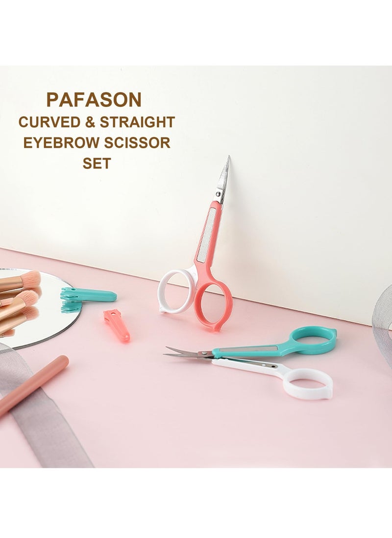 PAFASON Stainless Steel Curved and Straight Eyebrow Grooming Scissor Set with Safety Cover for Trimming Shaping Eyelash Extensions Eyebrow
