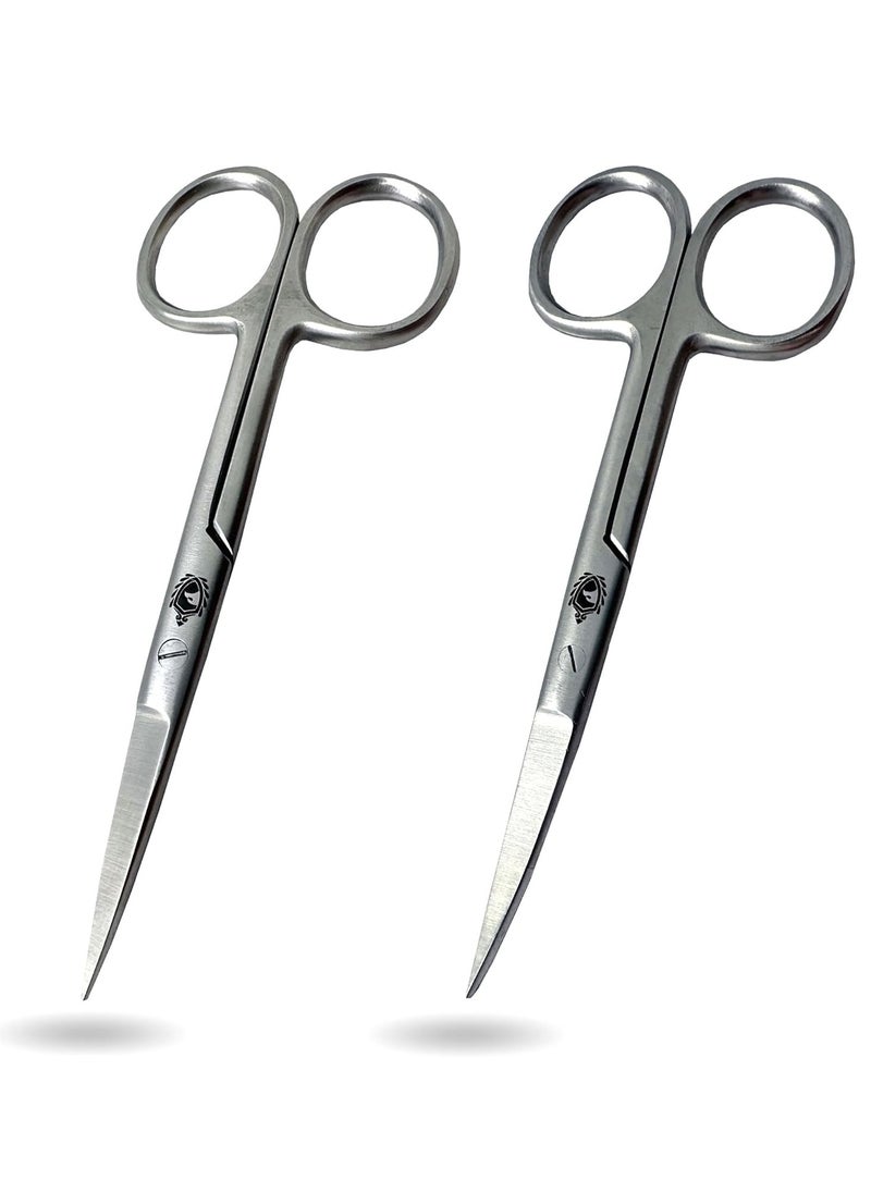 Krisp Beauty Stainless Steel Scissors 2 PCS Set - Nail Cuticle Scissors/Manicure Scissors Kit - Straight and Curved Blade Scissor for Beard/Mustache, Nose Hair, Ear Hair, Eyebrow and Eyelashes Cutting