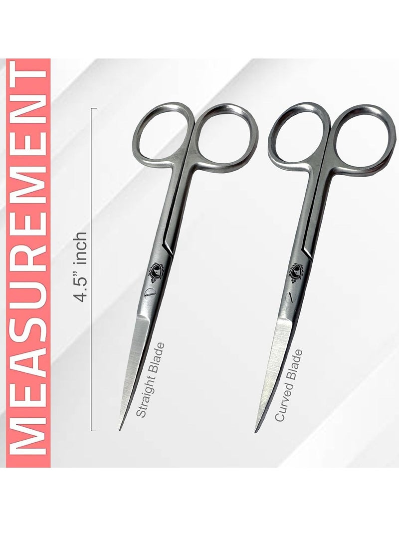 Krisp Beauty Stainless Steel Scissors 2 PCS Set - Nail Cuticle Scissors/Manicure Scissors Kit - Straight and Curved Blade Scissor for Beard/Mustache, Nose Hair, Ear Hair, Eyebrow and Eyelashes Cutting