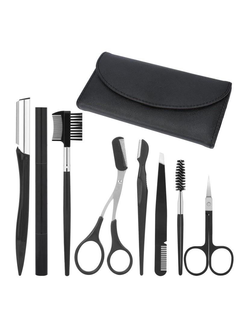 Professional Eyebrow Shaping Grooming Kit,8PCS/SET Eyebrow Grooming Kit with Leather Bag Eyebrow Trimming Kit With Razor Eyebrow Scissors Eyebrow Brush for Women & Men(Black)