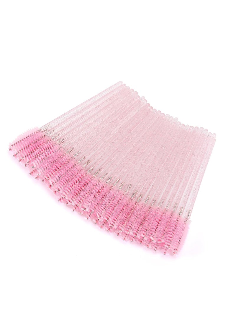 Tbestmax 50 Pcs Disposable Mascara Wands, Crystal Eyebrow Spoolies Brush for Eyelash Extensions, Pink Eye Lash and Makeup Brush