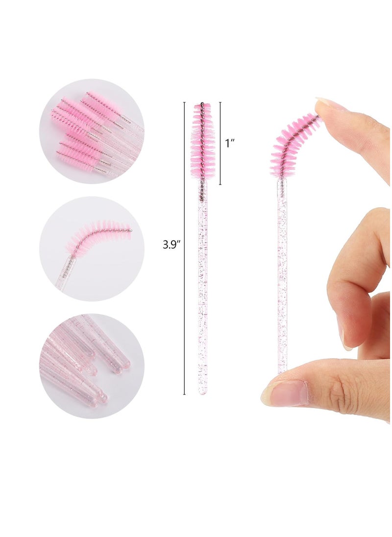 Tbestmax 50 Pcs Disposable Mascara Wands, Crystal Eyebrow Spoolies Brush for Eyelash Extensions, Pink Eye Lash and Makeup Brush