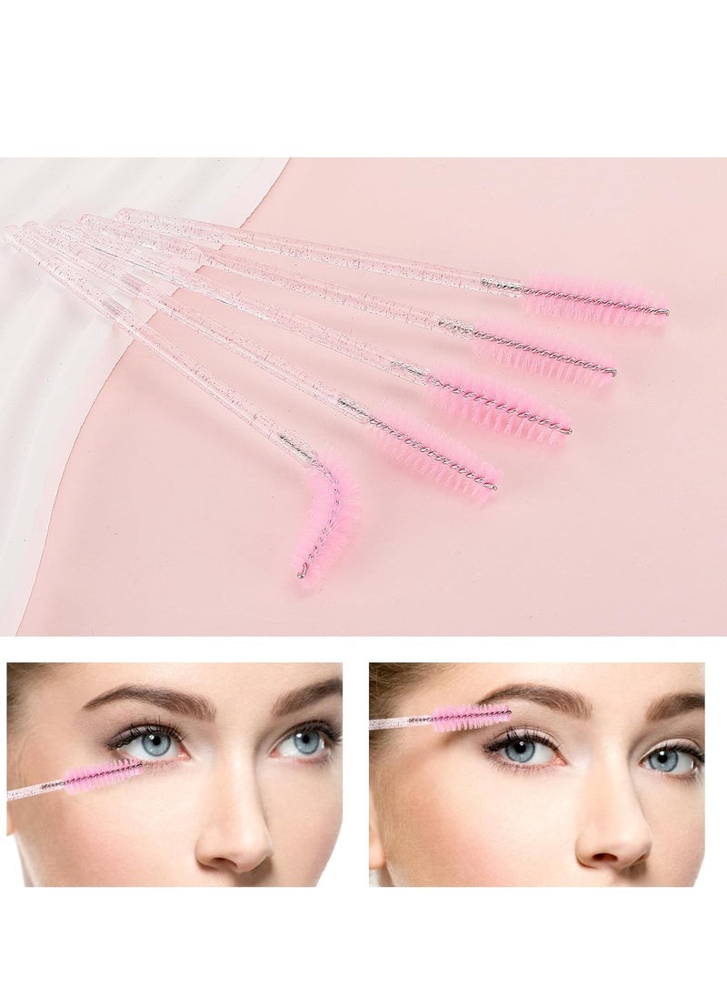 Tbestmax 50 Pcs Disposable Mascara Wands, Crystal Eyebrow Spoolies Brush for Eyelash Extensions, Pink Eye Lash and Makeup Brush