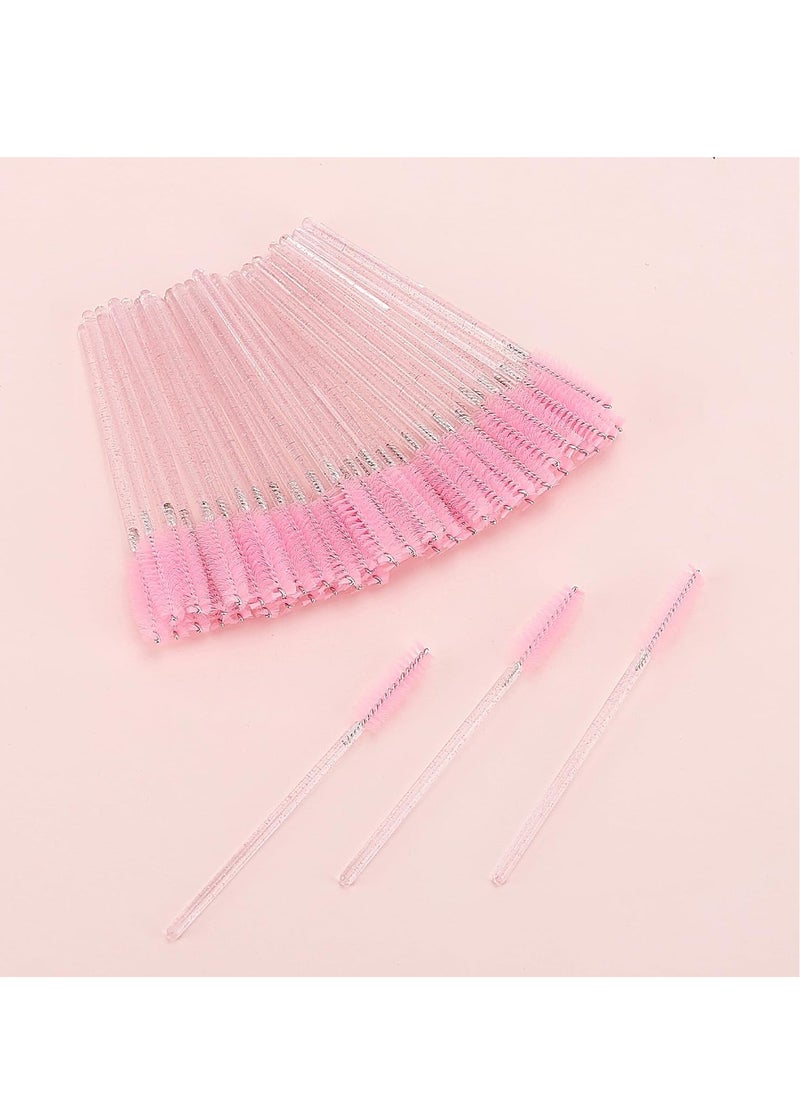 Tbestmax 50 Pcs Disposable Mascara Wands, Crystal Eyebrow Spoolies Brush for Eyelash Extensions, Pink Eye Lash and Makeup Brush