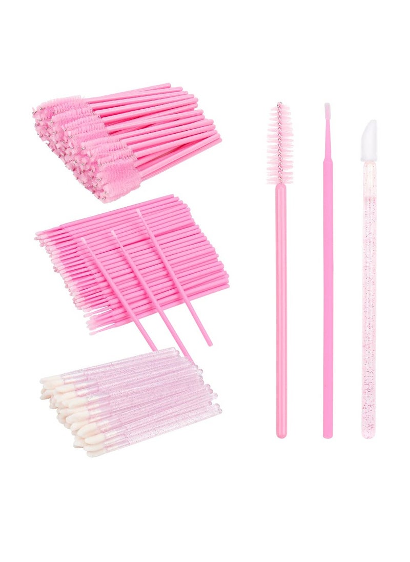 300 PCS Eyelash Extension Supplies Kit, Disposable Micro Swab Brush, Eyebrow Spoolie, Lip Brush, Mascara Wand Applicator (Pink Sets)