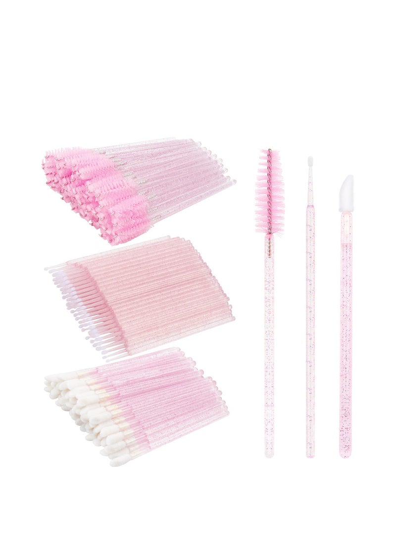 200Pcs Eyelash Extension Supplies Kit,Disposable Lash Spoolies Brushes Micro Swab Brushes Mascara Wand Lip Brushes for Eyelash Extension Tattoo Lipstick Applicator (Crystal Pink)