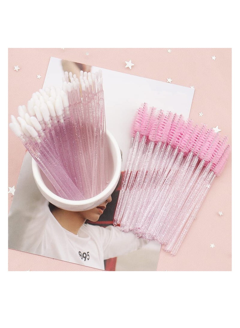 200Pcs Eyelash Extension Supplies Kit,Disposable Lash Spoolies Brushes Micro Swab Brushes Mascara Wand Lip Brushes for Eyelash Extension Tattoo Lipstick Applicator (Crystal Pink)