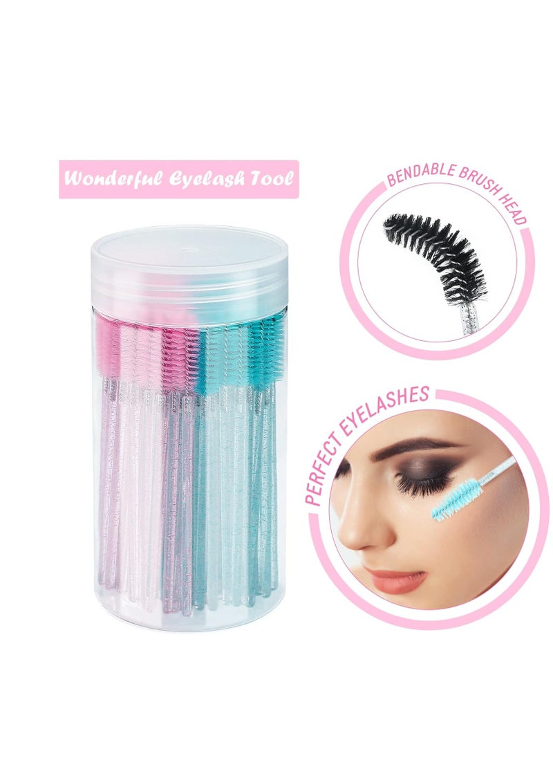 G2PLUS 100PCS Eyelash Brush, Ajustable Disposable Mascara Wands, Crystal Lash Spoolie, Eyebrow Spoolie Brush with Container for Makeup, Eyelash Extensions (Blue+Pink)