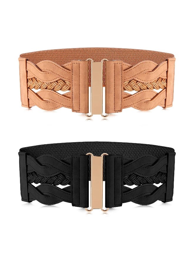 2 Pieces Women's Waist Belt Wide Elastic Retro Belt Stretchy Wide Waist Belt Cinch Retro Buckle Belt