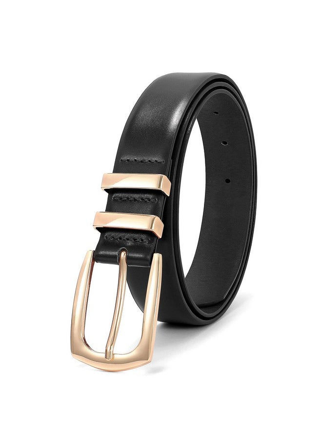 Women Leather Belt For Jeans Pants Dress Fashion Ladies Black Waist Belts With Gold Buckle, Fit Waist Size 29-33 Inches