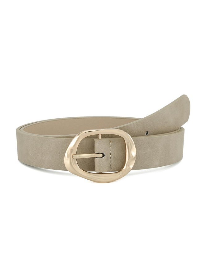 Beige Leather Belts For Women Casual Fashion Waist Belt With Liquid Shapes Gold Buckle For Jeans Pants Dresses 1.18