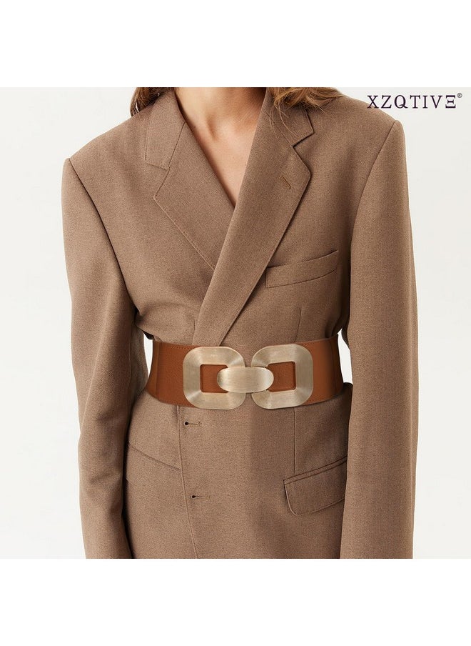 Women Wide Elastic Belts For Dress Fashion Stretchy Waist Belts For Ladies With Gold Buckle