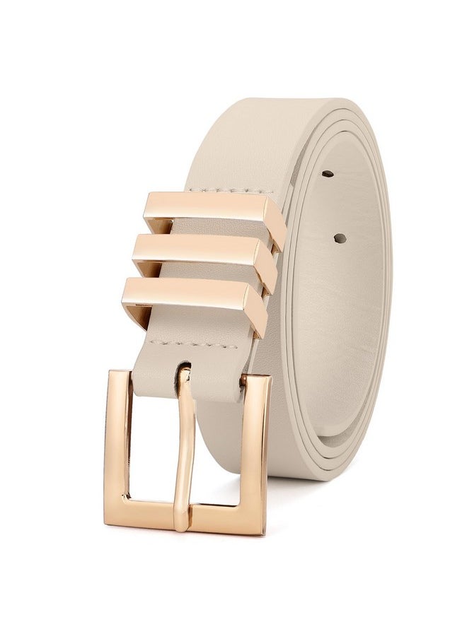 Plus Size Women'S Leather Belts For Jeans Pants Dress Fashion Ladies Waist Belt With Square Gold Buckle,Beige