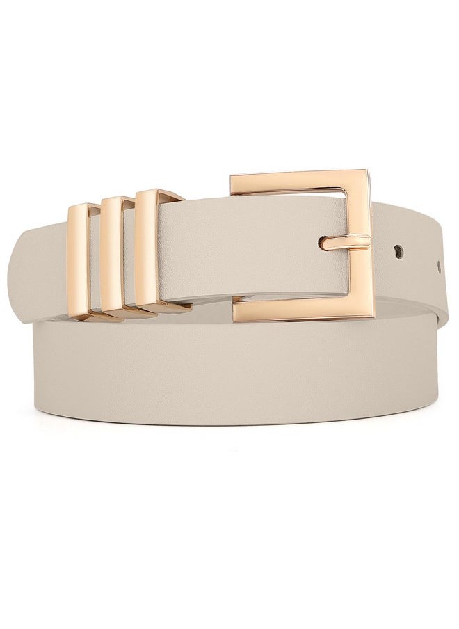 Plus Size Women'S Leather Belts For Jeans Pants Dress Fashion Ladies Waist Belt With Square Gold Buckle,Beige