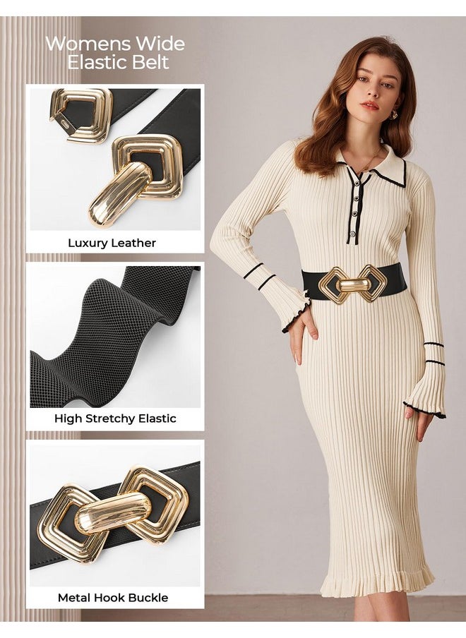 Womens Wide Elastic Belt Stretch Leather Belt Gold Buckle Belts For Dress Black Xl