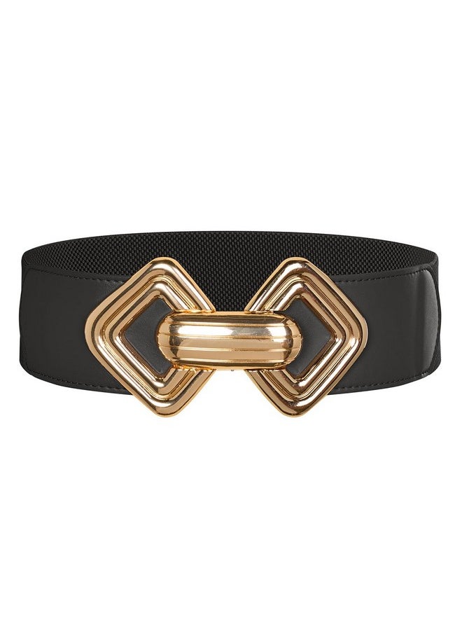 Womens Wide Elastic Belt Stretch Leather Belt Gold Buckle Belts For Dress Black Xl