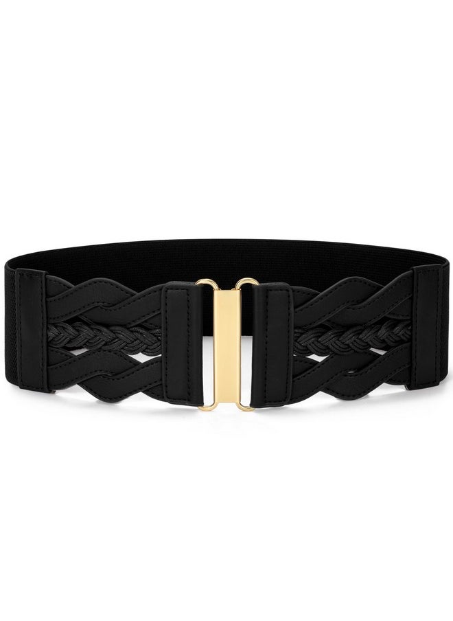 Vintage Stretchy Belt For Women, Womens Wide Elastic Belts For Dresses Coats, Fashion Womens Belts With Gold Buckle, Black M