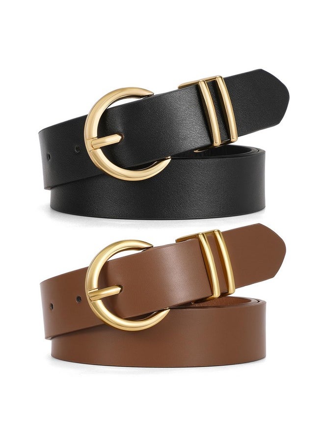 2 Pack Womens Leather Belts For Jeans Dress Pants Fashion Plus Size Ladies Black Waist Belt With Gold Buckle