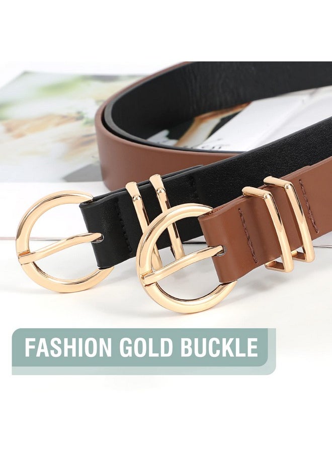 2 Pack Womens Leather Belts For Jeans Dress Pants Fashion Plus Size Ladies Black Waist Belt With Gold Buckle