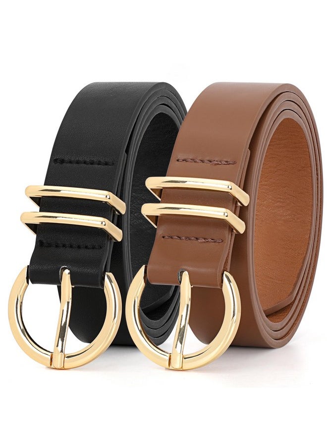 2 Pack Womens Leather Belts For Jeans Dress Pants Fashion Plus Size Ladies Black Waist Belt With Gold Buckle