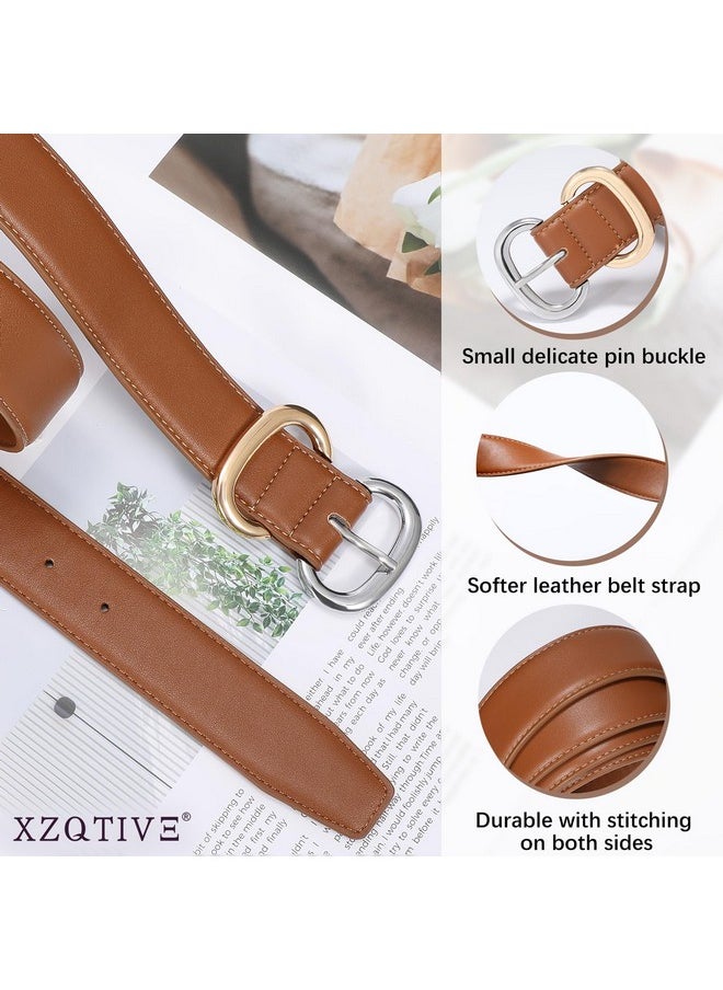 Women Leather Belt For Jeans Pants Fashion Ladies Faux Leather Dress Belt With Gold Silver Buckle, Brown, 110Cm