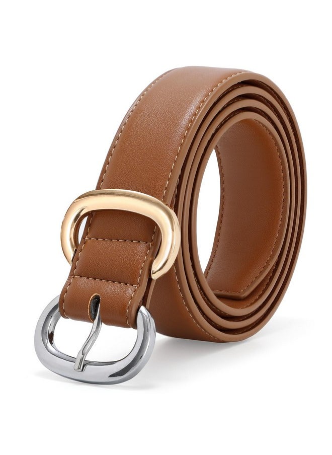 Women Leather Belt For Jeans Pants Fashion Ladies Faux Leather Dress Belt With Gold Silver Buckle, Brown, 110Cm