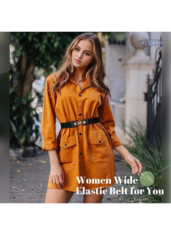 Women Wide Elastic Waist Belt Fashion Gold Buckle Stretch Ladies Belt For Dress Jeans，Black，Fit Waist Size 25