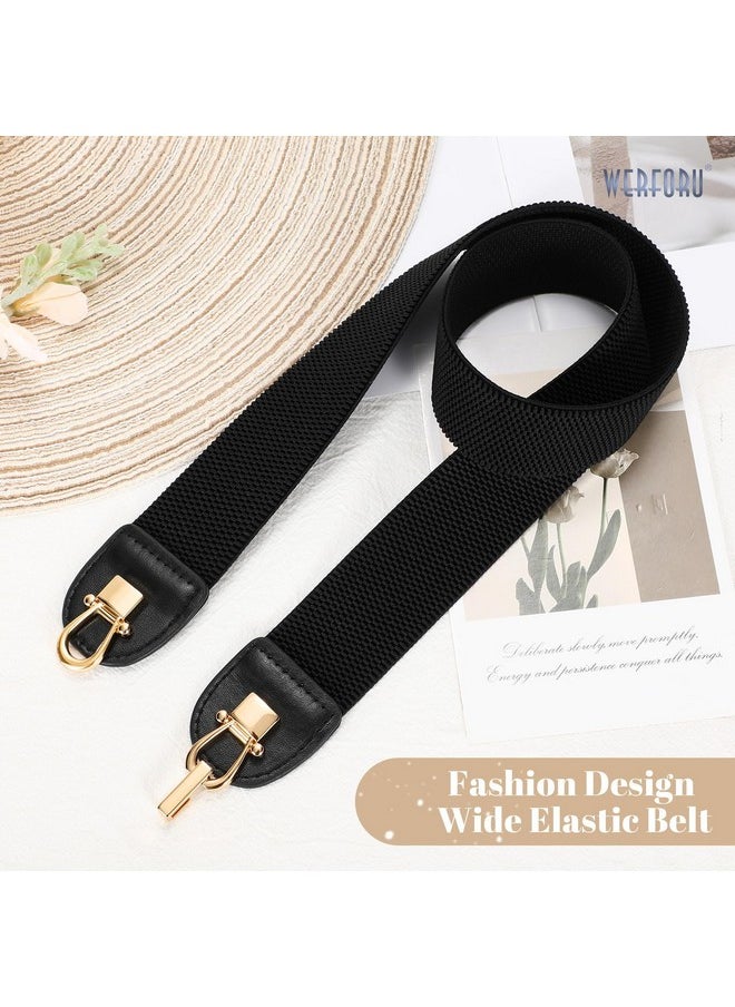 Women Wide Elastic Waist Belt Fashion Gold Buckle Stretch Ladies Belt For Dress Jeans，Black，Fit Waist Size 25