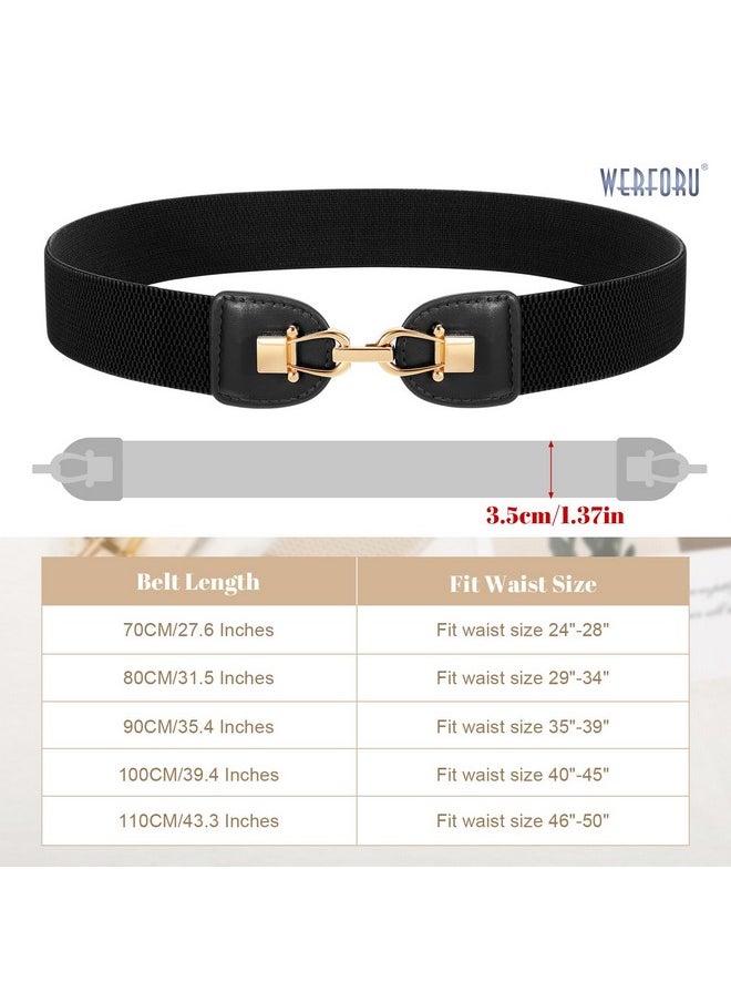 Women Wide Elastic Waist Belt Fashion Gold Buckle Stretch Ladies Belt For Dress Jeans，Black，Fit Waist Size 25