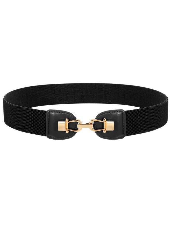 Women Wide Elastic Waist Belt Fashion Gold Buckle Stretch Ladies Belt For Dress Jeans，Black，Fit Waist Size 25