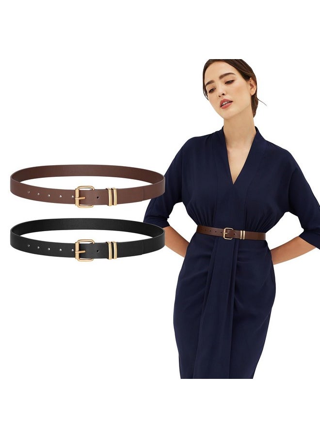 2 Pack Women Belts For Jeans Ladies Leather Waist Belt For Pants Dresses With Gold Buckle