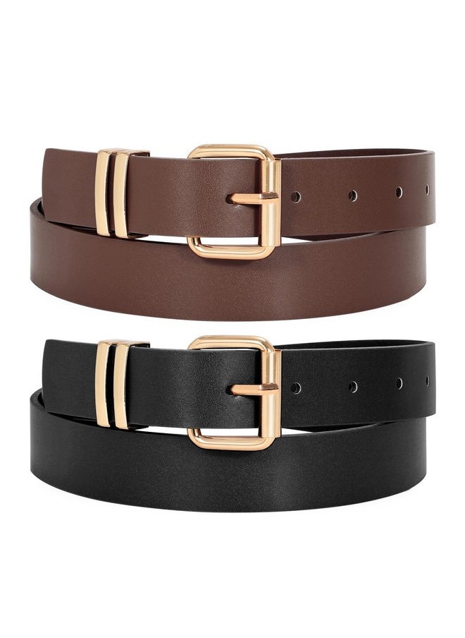 2 Pack Women Belts For Jeans Ladies Leather Waist Belt For Pants Dresses With Gold Buckle