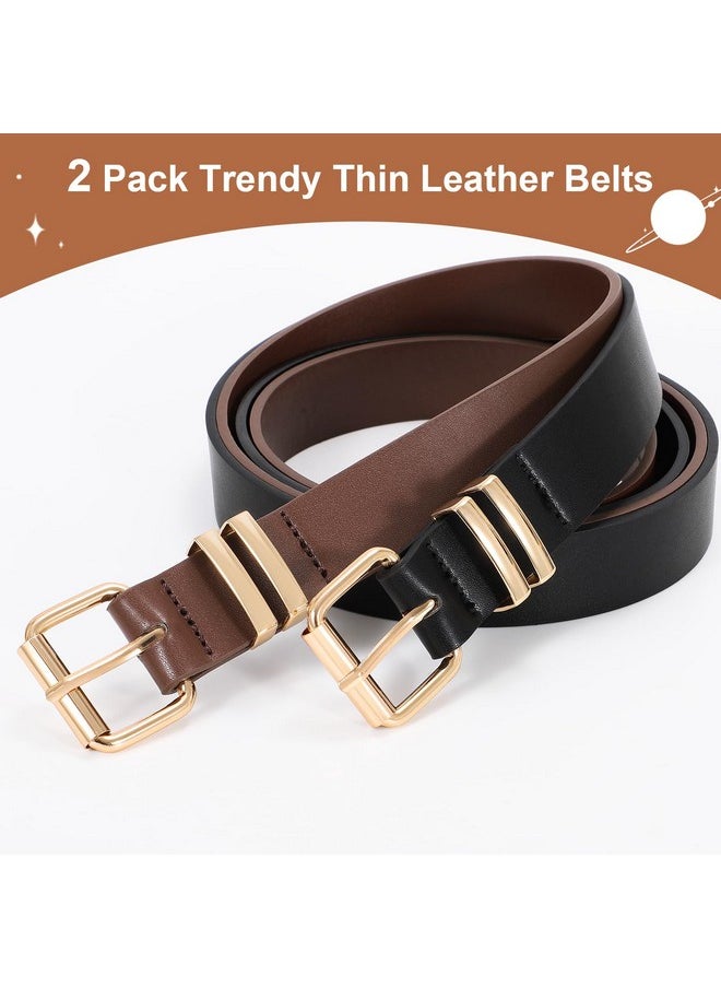 2 Pack Women Belts For Jeans Ladies Leather Waist Belt For Pants Dresses With Gold Buckle