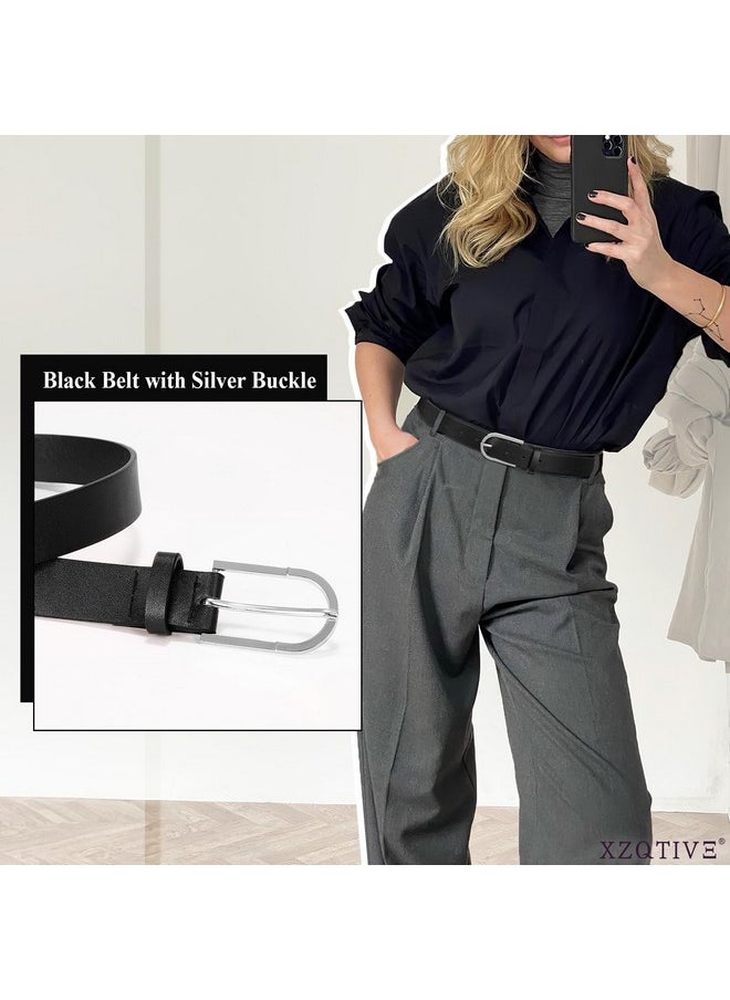 Women'S Belts For Jeans Pants, Black Brown Waist Belts For Ladies Dresses With Fashion Gold Silver Buckle Plus Size Belts, Black Silver Belt, 110Cm