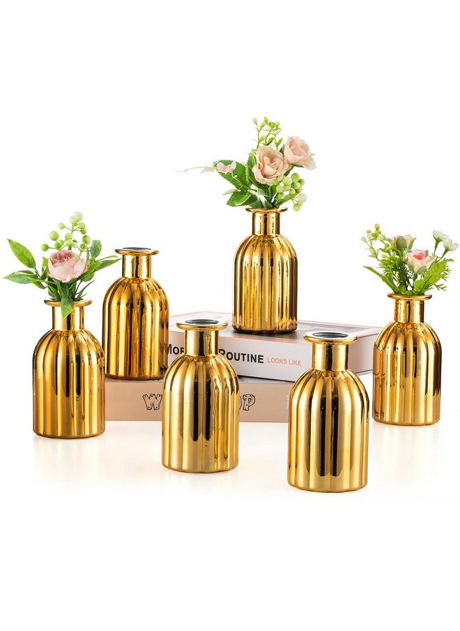 Bud Vases Glass Gold: 6 Pcs Small Vase Set In Bulk For Flowers - Mini Vintage Flower Bottle Single Assorted Vases For Wedding Table Centerpieces