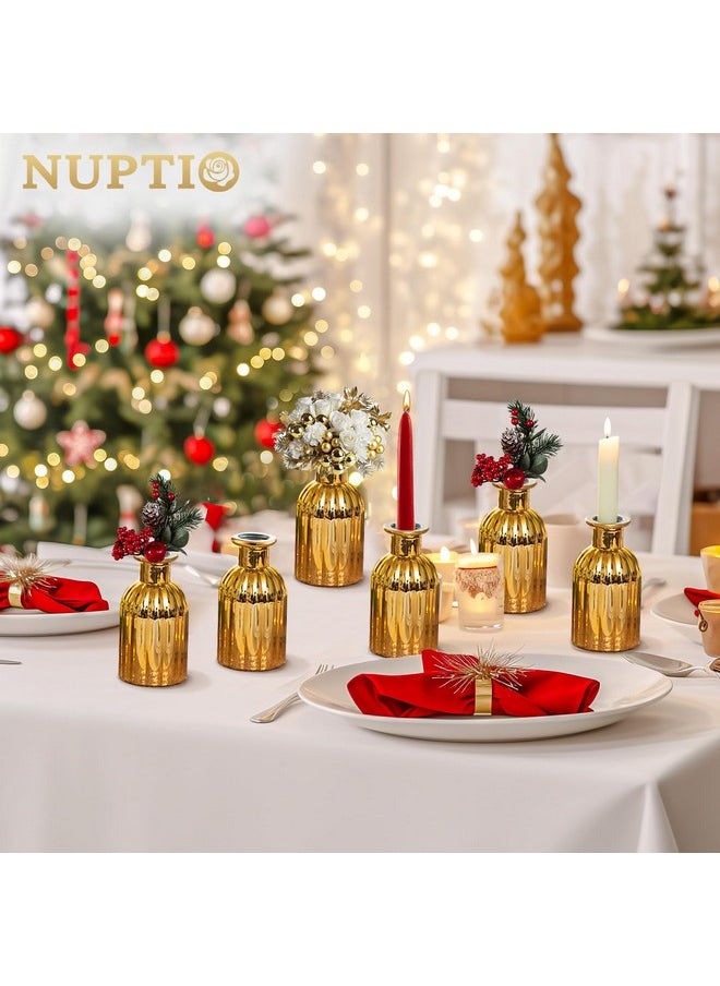 Bud Vases Glass Gold: 6 Pcs Small Vase Set In Bulk For Flowers - Mini Vintage Flower Bottle Single Assorted Vases For Wedding Table Centerpieces