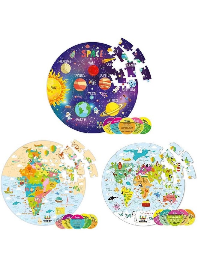 Combo Of Amazing Solar System | India Map | World Map Jigsaw Floor Puzzle | 60 Pcs With 4 Double Sided Flashcards With Each Puzzle (Set Of 3)