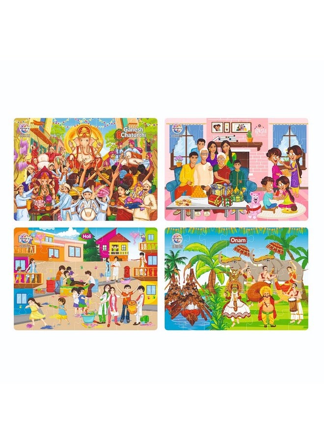 4 In 1 Indian Festivals Jigsaw Puzzle For Kids | 4 Jigsaw Puzzles With 35 Pieces Each For Festivals Like Ganesh Chaturthi, Raksha Bandhan, Holi & Onam Puzzle For Kids 3+ Years