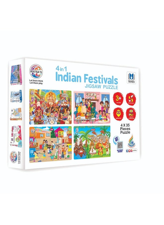 4 In 1 Indian Festivals Jigsaw Puzzle For Kids | 4 Jigsaw Puzzles With 35 Pieces Each For Festivals Like Ganesh Chaturthi, Raksha Bandhan, Holi & Onam Puzzle For Kids 3+ Years